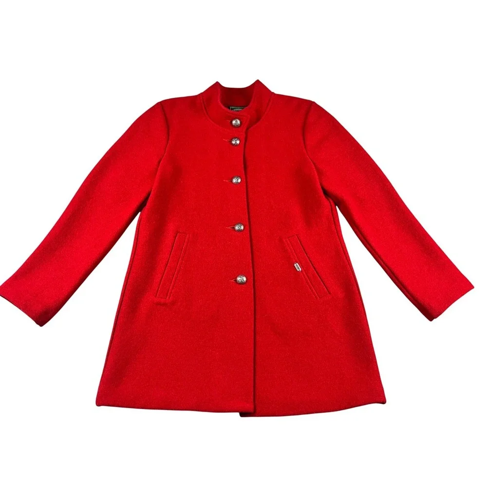Geiger Austria Red Boiled Wool Coat Stand Collar Silver Button Front Womens 34‎